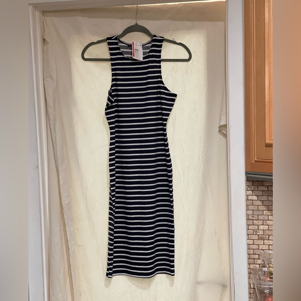 Women’s “Iris” Navy blue and white, striped dress, brand new, sleeveless, medium